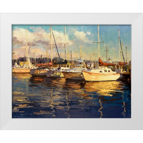 Boats on Glassy Harbor White Modern Wood Framed Art Print by Furtesen