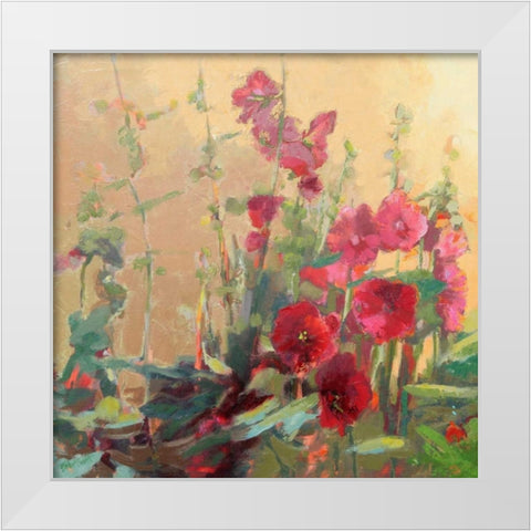 Red Haven Hollyhocks White Modern Wood Framed Art Print by Forst, Beth A.
