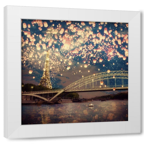 Love Wish Lanterns Over Paris White Modern Wood Framed Art Print by Flores, Paula Belle