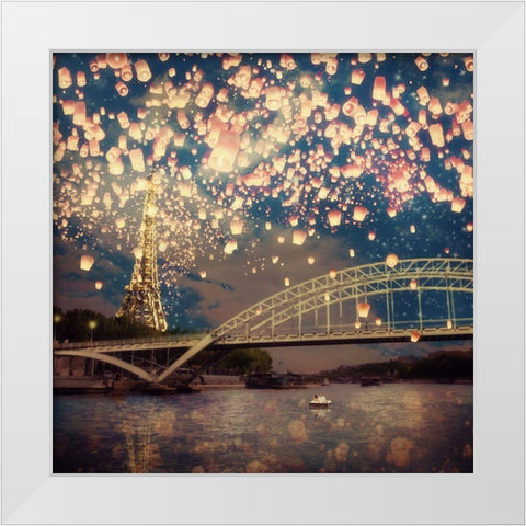 Love Wish Lanterns Over Paris White Modern Wood Framed Art Print by Flores, Paula Belle