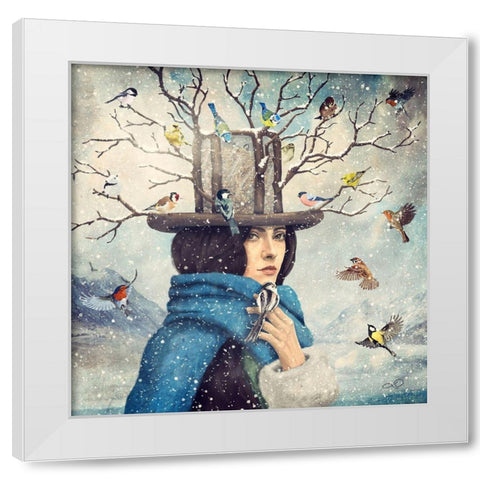 The Lady With The Bird Feeder Hat White Modern Wood Framed Art Print by Flores, Paula Belle