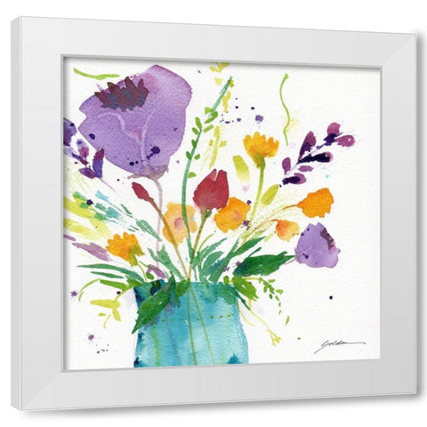 Teal Vase With Bright Flowers White Modern Wood Framed Art Print by Golden, Sheila