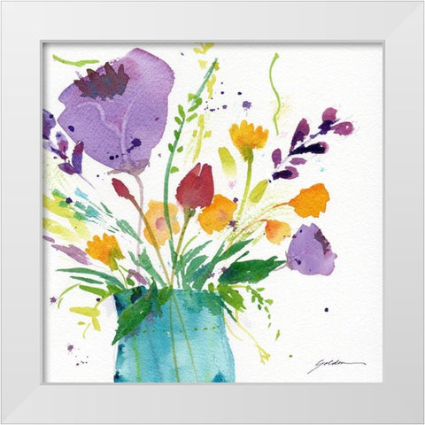 Teal Vase With Bright Flowers White Modern Wood Framed Art Print by Golden, Sheila