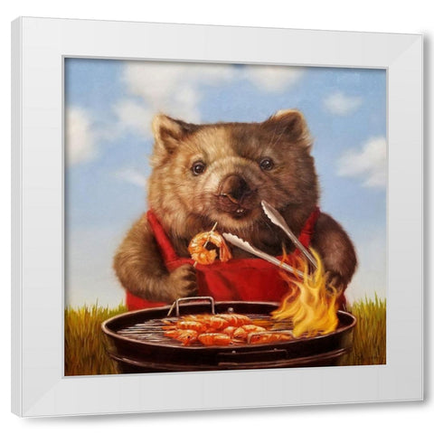 Shrimp On The Barbie White Modern Wood Framed Art Print by Heffernan, Lucia