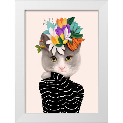 Cat With Flowers and Finch White Modern Wood Framed Art Print by Horvat, Ioana