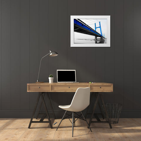 Suspension Bridge in Blue White Modern Wood Framed Art Print by PhotoINC Studio