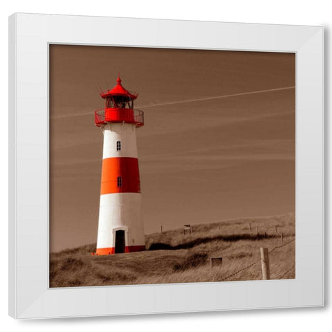 Red and White Lighthouse White Modern Wood Framed Art Print by PhotoINC Studio