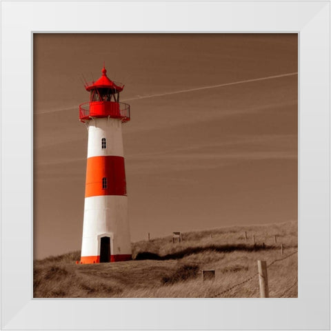 Red and White Lighthouse White Modern Wood Framed Art Print by PhotoINC Studio