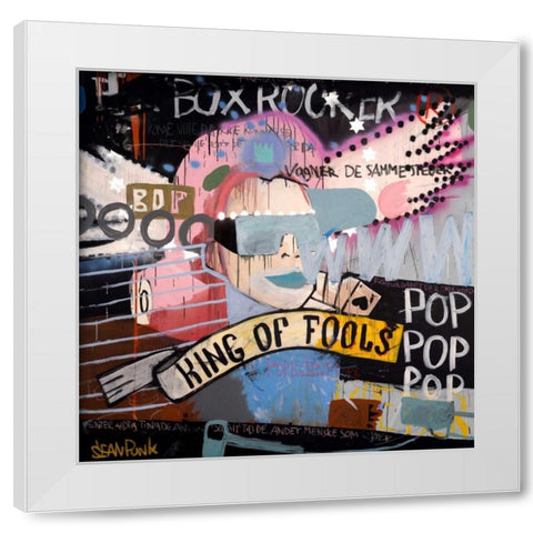 King of fools White Modern Wood Framed Art Print by Punk, Sean