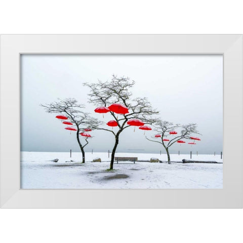 Red Umbrellas White Modern Wood Framed Art Print by Kostka, Vladimir