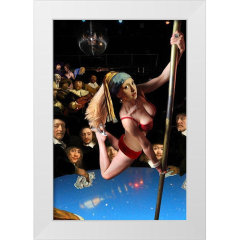 Girl with Pearl Earring and Pole White Modern Wood Framed Art Print by Kite, Barry