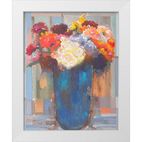 Flowers in a Blue Vase White Modern Wood Framed Art Print by Khorasani, Hooshang