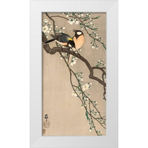 Songbirds on Cherry Branch, 1900-1910 White Modern Wood Framed Art Print by Koson, Ohara