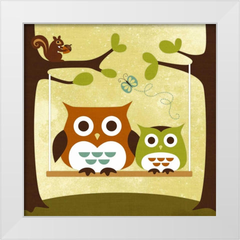 Two Owls on Swing White Modern Wood Framed Art Print by Lee, Nancy