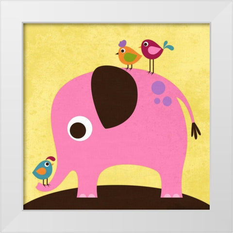 Elephant with Birds White Modern Wood Framed Art Print by Lee, Nancy