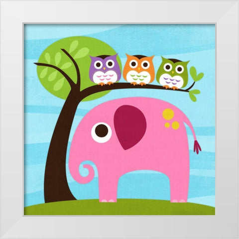 Elephant with Three Owls White Modern Wood Framed Art Print by Lee, Nancy