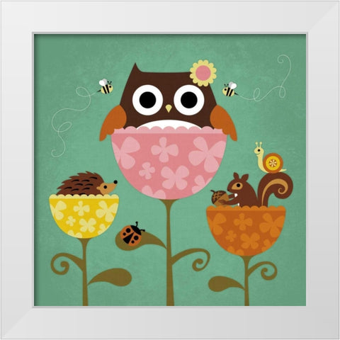 Owl Squirrel and Hedgehog in Flowers White Modern Wood Framed Art Print by Lee, Nancy