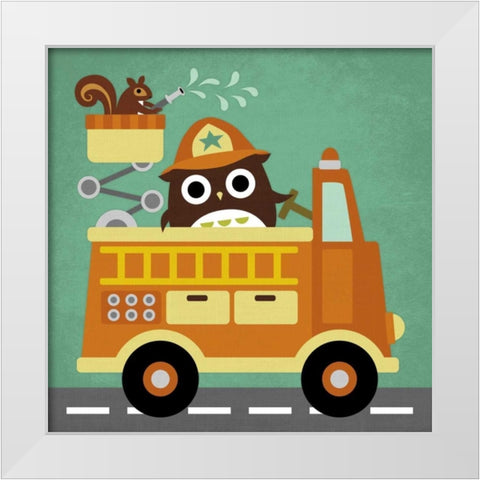 Owl in Firetruck and Squirrel White Modern Wood Framed Art Print by Lee, Nancy