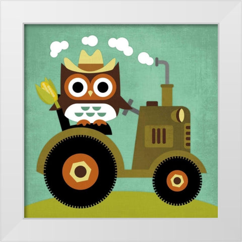 Owl on Tractor White Modern Wood Framed Art Print by Lee, Nancy