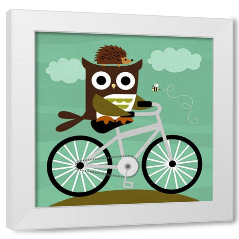 Owl and Hedgehog on Bicycle White Modern Wood Framed Art Print by Lee, Nancy