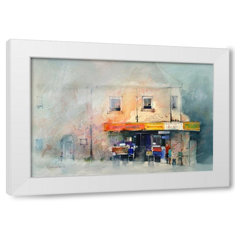 Corner Store White Modern Wood Framed Art Print by Lovett, John