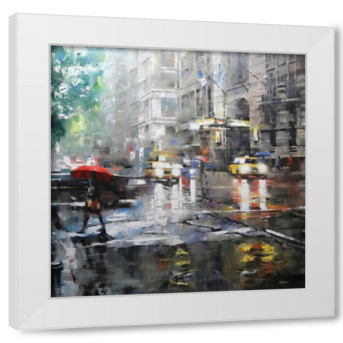 Manhattan Red Umbrella White Modern Wood Framed Art Print by Lague, Mark