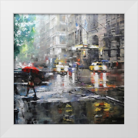 Manhattan Red Umbrella White Modern Wood Framed Art Print by Lague, Mark