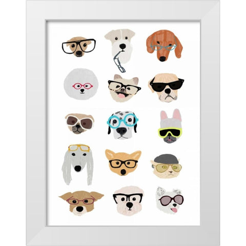 Dogs with Glasses White Modern Wood Framed Art Print by Melin, Hanna