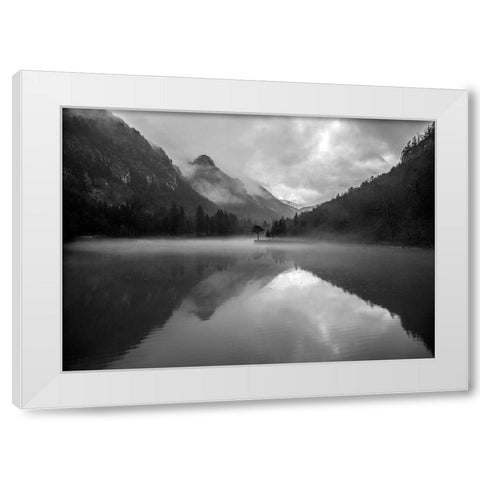 Mountain Lake White Modern Wood Framed Art Print by Design Fabrikken