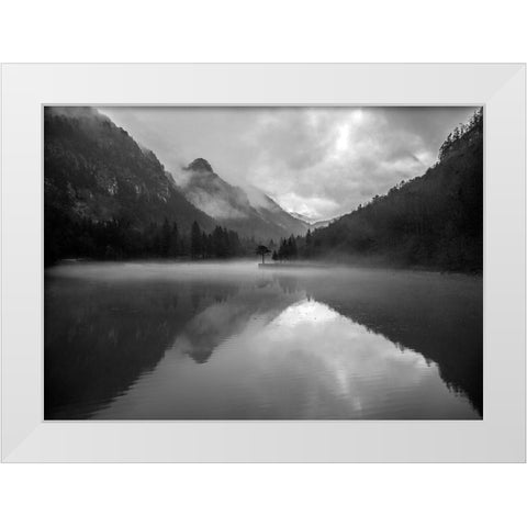 Mountain Lake White Modern Wood Framed Art Print by Design Fabrikken