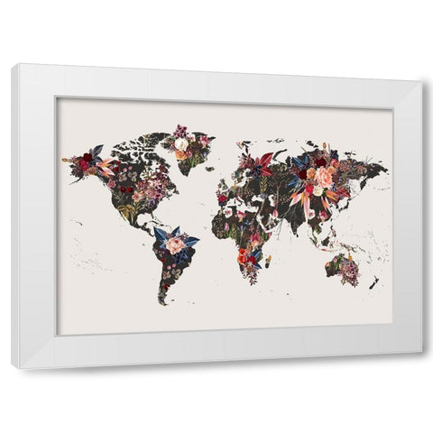 Worldmap Flowers White Modern Wood Framed Art Print by Design Fabrikken