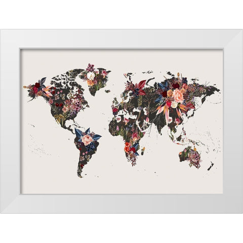 Worldmap Flowers White Modern Wood Framed Art Print by Design Fabrikken