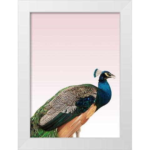 Peacock on Pink White Modern Wood Framed Art Print by Design Fabrikken