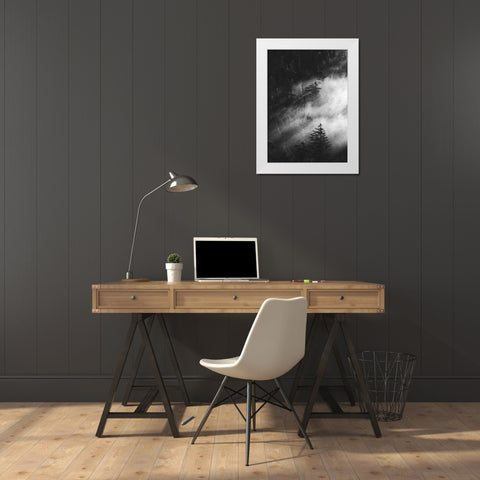 Misty Pine Woods White Modern Wood Framed Art Print by Design Fabrikken