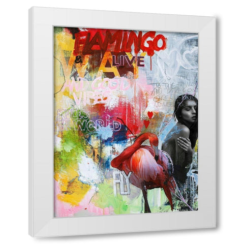 Flamingo White Modern Wood Framed Art Print by Design Fabrikken