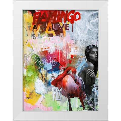 Flamingo White Modern Wood Framed Art Print by Design Fabrikken