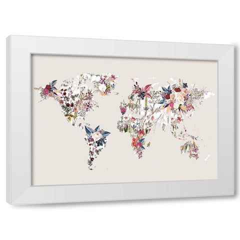 Worldmap Flowers (Light) White Modern Wood Framed Art Print by Design Fabrikken