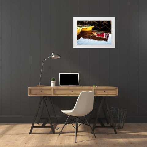 Dories and Reflection White Modern Wood Framed Art Print by Pollard, David W.