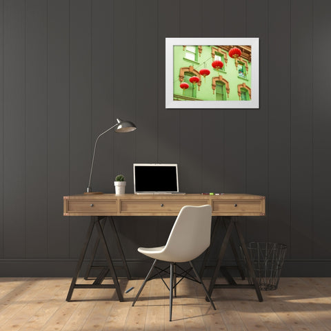 Lanterns In The Wind White Modern Wood Framed Art Print by Quintero, Sonja