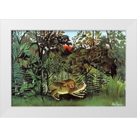 The Hungry Lion White Modern Wood Framed Art Print by Rousseau, Henri