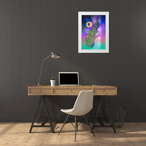 Cosmic Peacock White Modern Wood Framed Art Print by Roberts, Karin