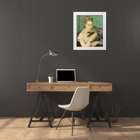 Woman with Cat (Femme au chat)-1875 White Modern Wood Framed Art Print by Renoir, Pierre-Auguste