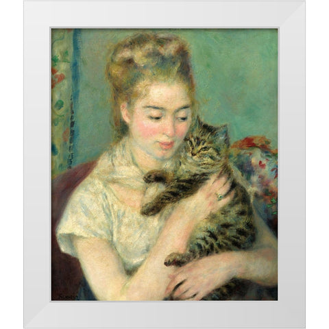 Woman with Cat (Femme au chat)-1875 White Modern Wood Framed Art Print by Renoir, Pierre-Auguste