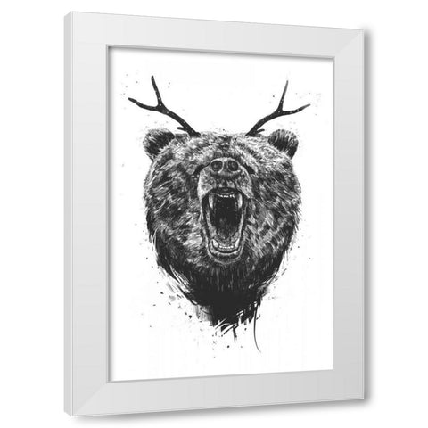 Angry Bear With Antlers White Modern Wood Framed Art Print by Solti, Balazs