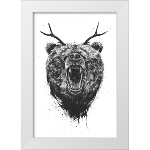 Angry Bear With Antlers White Modern Wood Framed Art Print by Solti, Balazs