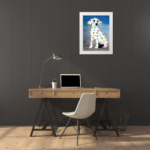 Damiens Dotty Spotty Dawg - Blue White Modern Wood Framed Art Print by Sly, Juan
