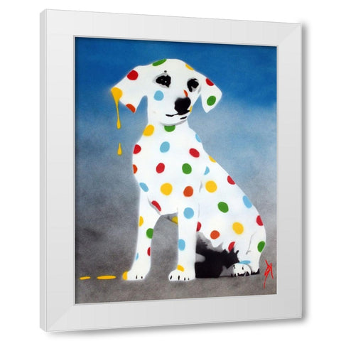 Damiens Dotty Spotty Dawg - Blue White Modern Wood Framed Art Print by Sly, Juan
