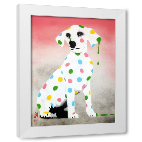 Damiens Dotty Spotty Dawg - Pink White Modern Wood Framed Art Print by Sly, Juan
