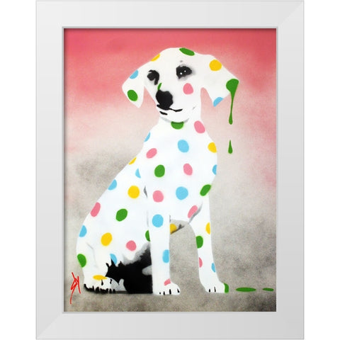 Damiens Dotty Spotty Dawg - Pink White Modern Wood Framed Art Print by Sly, Juan