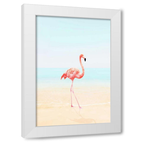 Flamingo on the Beach II White Modern Wood Framed Art Print by Tai Prints